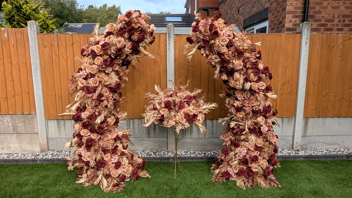 burgundy gold with flower balls